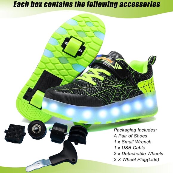 Kids Black/green Usb Chargeable Led Light Up Wheeled Skate Sneaker Shoes - Picture 3 of 6